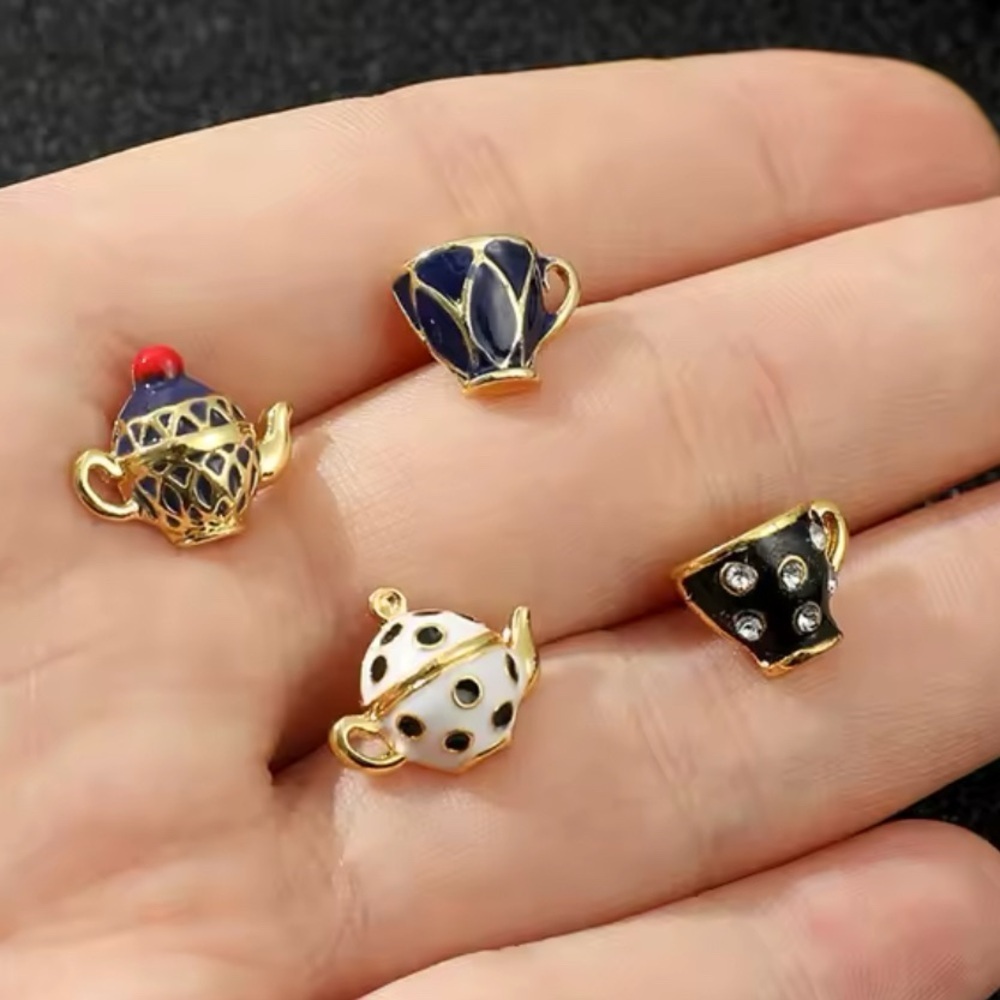 Alice In Wonderland Gold Enameled Black & White Teapot & Teacup Stud Earrings - Picture 8 of 10